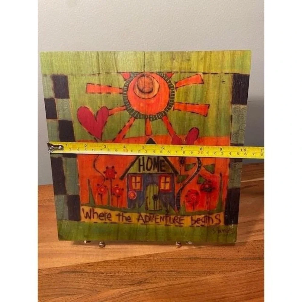 S Burgess Hand Painted Wood Wall Plaque Home Where the Adventure Begins Folk Art
